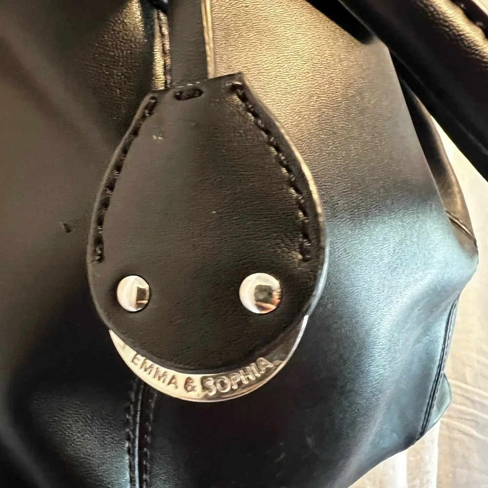 Emma and Sophia black leather satchel tote purse. With strap.